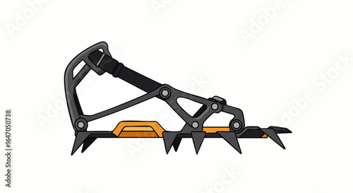 Technical mountaineering crampon with sharp metal spikes and heel lever binding, side view illustration.