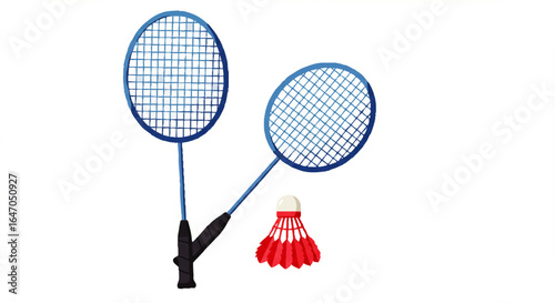 Two blue badminton rackets with a red shuttlecock illustration.