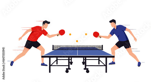 Two male athletes in red and blue shirts competing in a dynamic table tennis match.