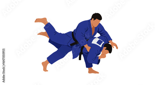 Two male judokas in blue judogi executing a dynamic hip throw technique.