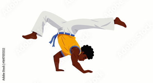 Young Afro-Brazilian man in a dynamic capoeira handstand pose, wearing a yellow shirt and blue belt.