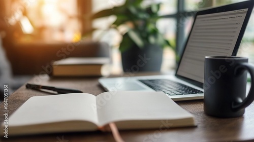 Office desk scene: a white blank notebook and an open laptop placed on the desk, next to a black coffee cup, symbolizing work and creative inspiration in a modern minimalist workspace
