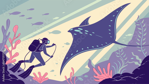 Explore underwater world with scuba diver and manta ray in ocean marine life illustration art vector
