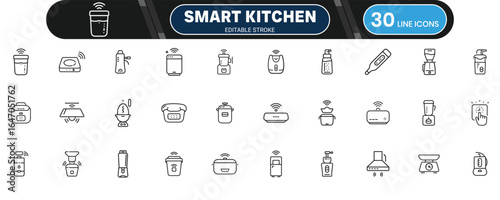 Smart Kitchen Devices Line Icon Set for Home Automation, Cooking, and Culinary Technology Applications