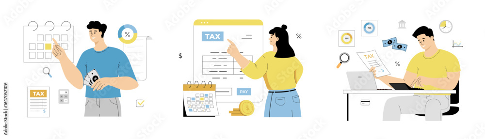 Tax payment. Data analysis, paperwork, financial research, report. People calculates tax, fills in tax return. Flat vector illustration isolated on white background.
Tax payment. Data analysis, paperwork, financial research, report. People calculates tax, fills in tax return. Flat vector illustration isolated on white background.