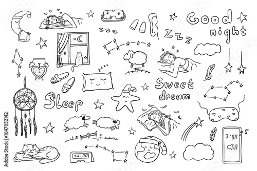 Cute set of  good night theme. Sweet dream, sleeping girl, cat, sheep, constellation, star, sleep mask, feather, awakening, sleeping, sleepy, dreamcatcher, clouds, dreaming, earplugs. Hand drawn