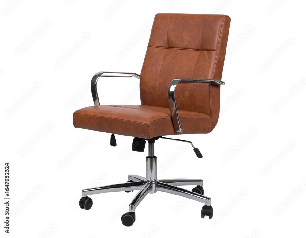 Ergonomic Brown Leather Office Chair with Chrome Base Front View Isolated on Transparent Background PNG Ergonomic Brown Leather Office Chair with Chrome Base Front View Isolated on Transparent Background PNG