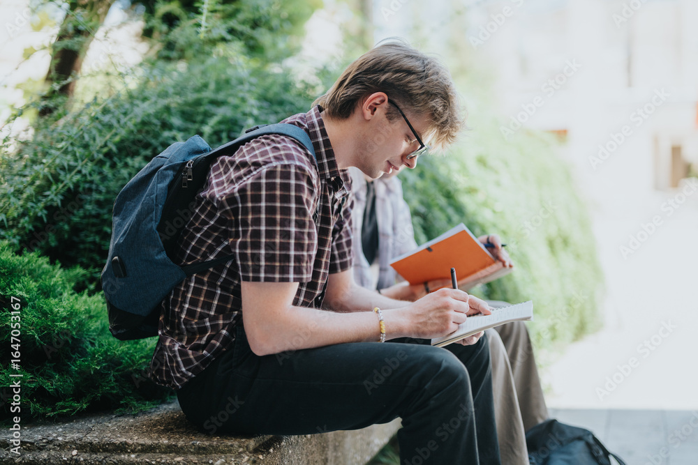 Obraz premium Two students are sitting outside and studying together in a lush, green environment. They are writing notes and appear focused, carrying backpacks with them. The setting is calm and serene.