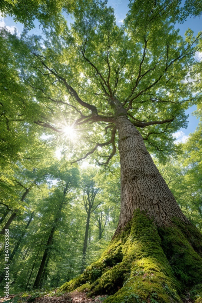 Fototapeta premium A Majestic Tree in the Vibrant Forest: Sunlight Filtering Through Lush Green Foliage for a Sustainable Tomorrow