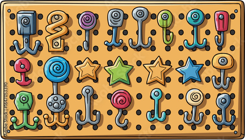 Colorful Variety of Cartoon Hooks and Shapes on a Pegboard