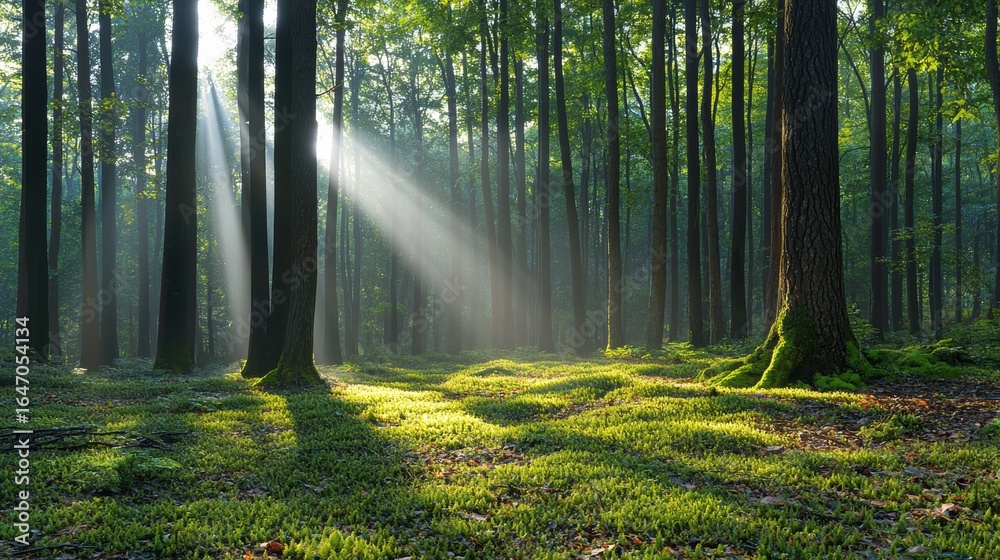 Obraz premium Sunlight Filtering Through Dense Forest Canopy: Innovation and Sustainability's Role in Climate Tech