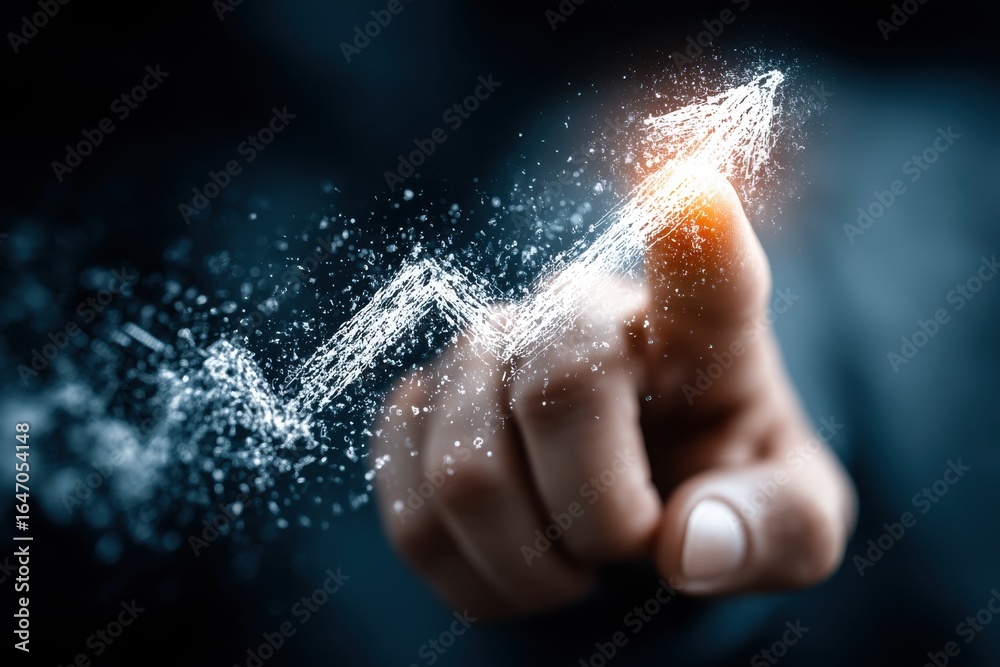 Fototapeta premium Hand pointing to rising arrow representing growth and success in business strategy