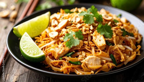 Close up of Pad Thai with chicken, peanuts, and fresh herbs served with lime wedges on a wooden table