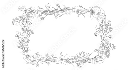 Elegant floral wreath frame with silver foliage for wedding invitations and greeting cards design