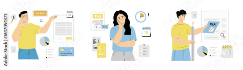 Tax day concept. Data analysis, paperwork, financial research, report. People upset about paying tax. Flat vector illustration isolated on white background.	
