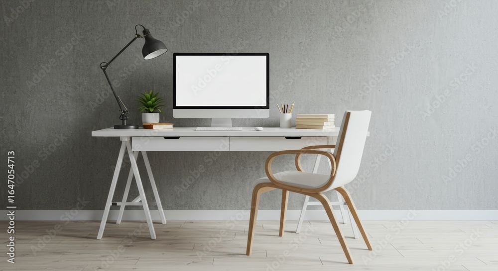 Fototapeta premium An industrial style office with a concrete wall.