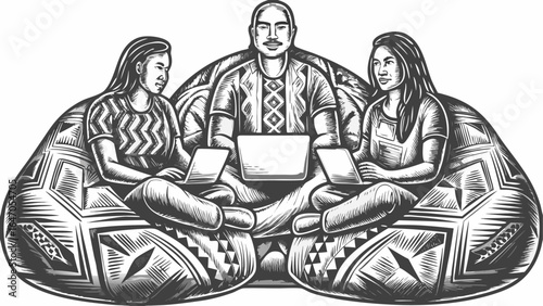 Three people sitting on a patterned beanbag with laptops working collaboratively in black and white style silhouette