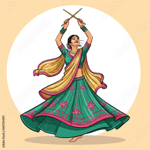 Indian Woman Performing Garba Dance in Traditional Attire Illustration