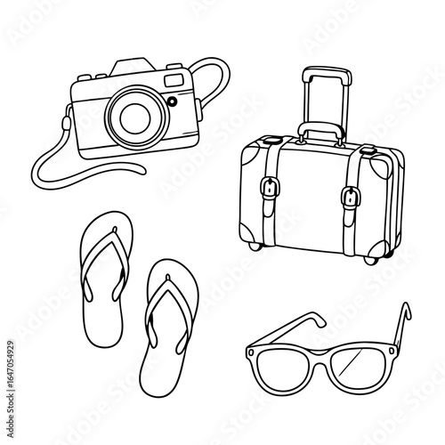 Pack your bags and prepare for a new adventure with camera, suitcase, flip flops, and sunglasses