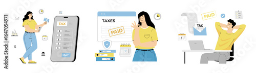 Payment of taxes and fees. Taxes Paid stamp on the online document form. Payment of taxation online through the web service. Flat vector illustration isolated on white background.	
