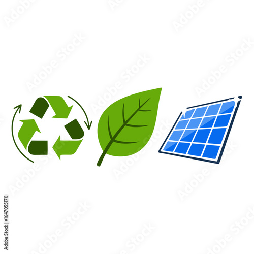 Sustainable solutions icons showcase recycling, renewable energy, and green solutions