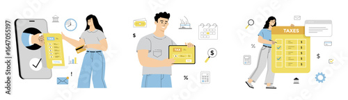 Online tax payment. Remote online payments, transfers and transactions. Making transaction using tablet ot phone. Flat vector illustration isolated on white background.	
