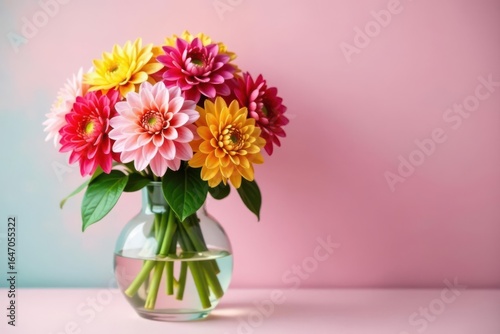 Wallpaper Mural Vibrant dahlia bouquet in glass vase, pastel backdrop, table, summer Torontodigital.ca