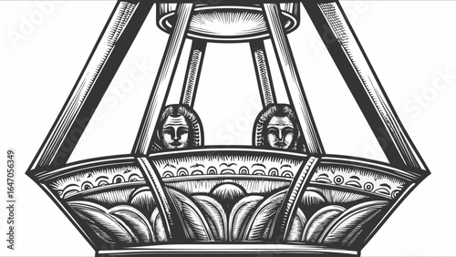 Detailed engraving of a gondola with two figureheads and decorative elements in black and white style silhouette