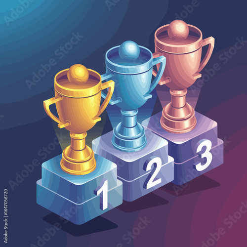3D isometric award trophies and number platforms – Suitable for sports branding, achievement badges, or digital reward systems