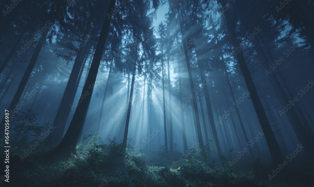 Obraz premium BOSQUE BRUMOSO CON RAYOS DE LUZ CREPUSCULAR