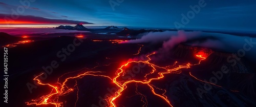 Night aerial of Litli Hrútur fissure eruption, glowing lava flows across Fagradalsfjall, Iceland, spectacular, glow