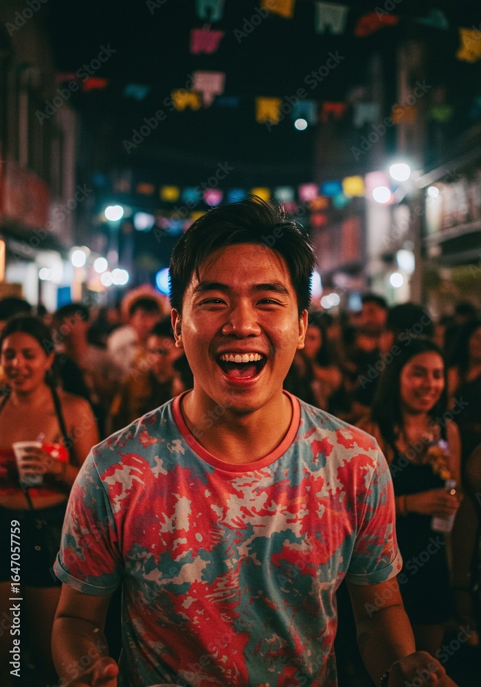 Fototapeta premium Joyful young man grins broadly amidst a vibrant night street festival, surrounded by a lively crowd and colorful decorations, embodying pure happiness and celebration