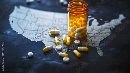 Prescription medication scattered on a map of the United States