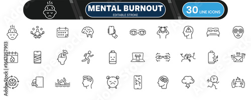Mental Burnout and Digital Overload Line Icon Set for Stress Management, Productivity, and Digital Wellbeing