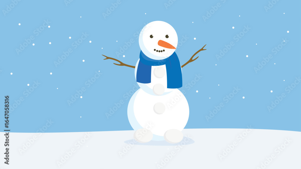 Fototapeta premium Snowman with scarf and hat on blue background. Vector illustration.
