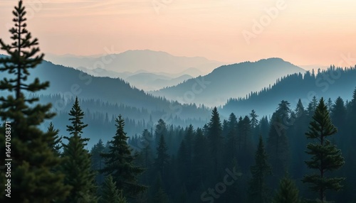 Serene layered pine forest, misty mountains, paper cut style, hazy backdrop, evergreen trees, depth of field,   texture,   detail