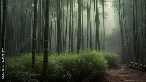 Dense bamboo forest with mist and ambient light, vertical lines, peaceful green background