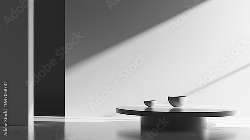 Minimalist style with clean lines, smooth surfaces, high contrast, sharp focus, simple composition, and abstract forms in a spacious, balanced design.