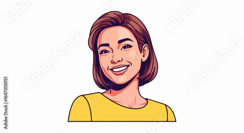 Flat illustration of portrait of a smiling young woman with short brown hair, isolated on white background