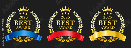 2025 Best Award Badges with Gold Laurel Wreath and Blue, Red, Yellow Ribbons Vector