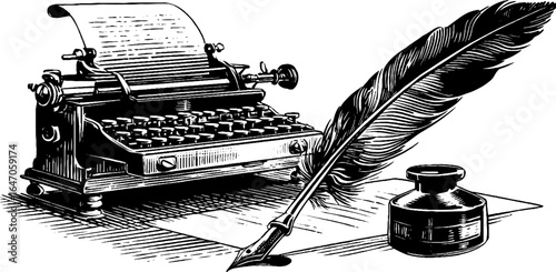 Vintage writing set with quill and typewriter for retro decor and design