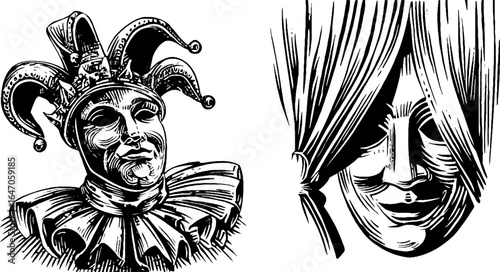 Vintage engraved illustration set of actor costumes - jester and curtain scene