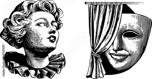 Vintage engraved illustration of actor in costume. Theatrical elements in retro design sketch style.