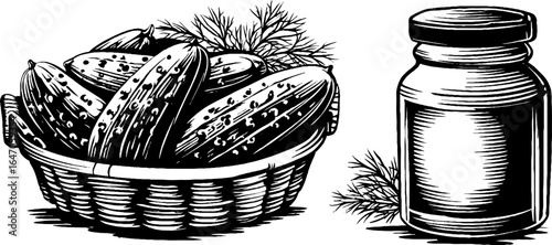 Vintage engraved cucumber basket and pickle jar illustration for retro design