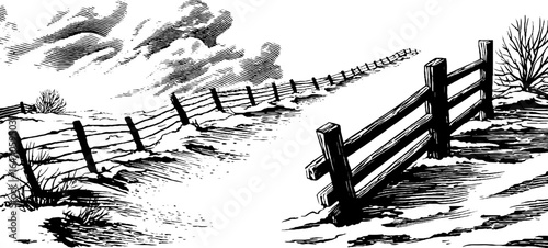 Engraved illustration set of blizzard scenes and windy winter landscapes for design