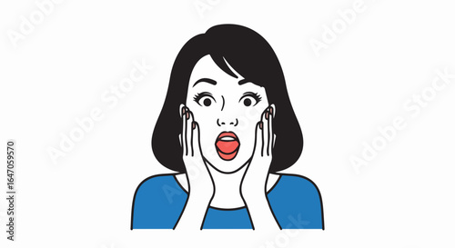 Flat illustration of woman with a shocked and surprised expression, hands on cheeks, isolated on white background