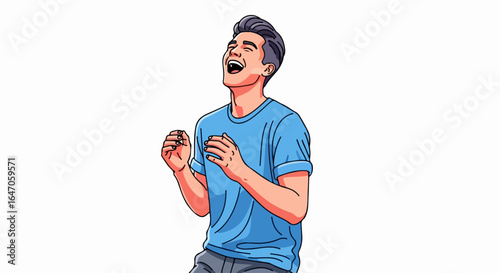 Flat illustration of joyful man laughing with excitement and celebration, isolated on white background
