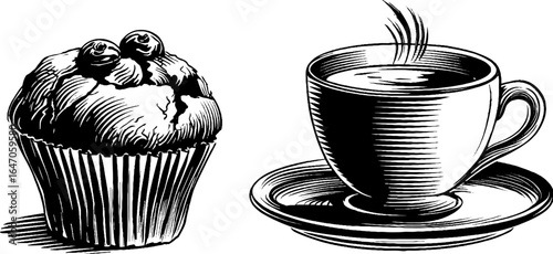 Vintage engraved illustration of blueberry muffin and hot beverage