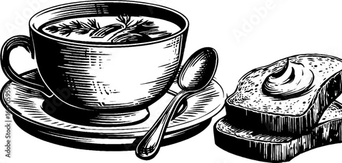 Vintage engraved illustration of borsch bowl with sour cream and bread for retro design
