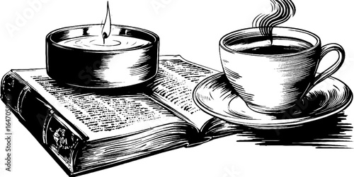 Elegant vintage engraving of brass candle holder and book with cup of tea – illustration for design and decor